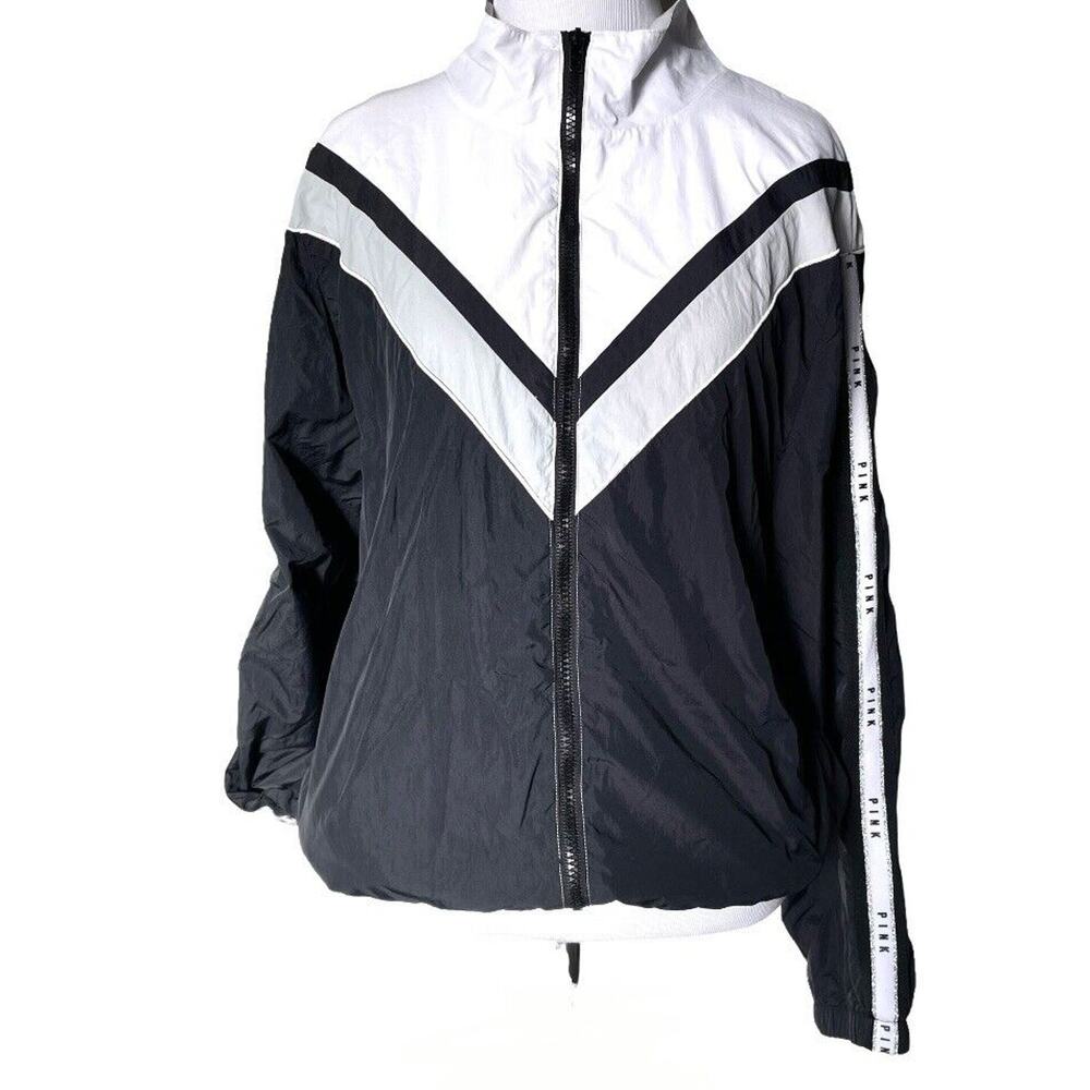 PINK Victoria’s Secret Y2K Black White Chevron Windbreaker Track Jacket M/L